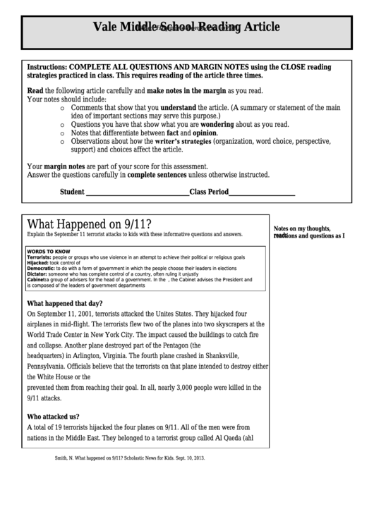 What Happened On 9/11 (970l) Middle School Reading Article Worksheet printable pdf download