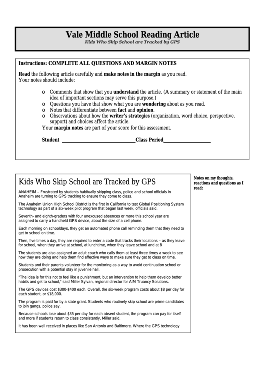 Kids Who Skip School Are Tracked By Gps Middle School Reading Article Worksheet printable pdf