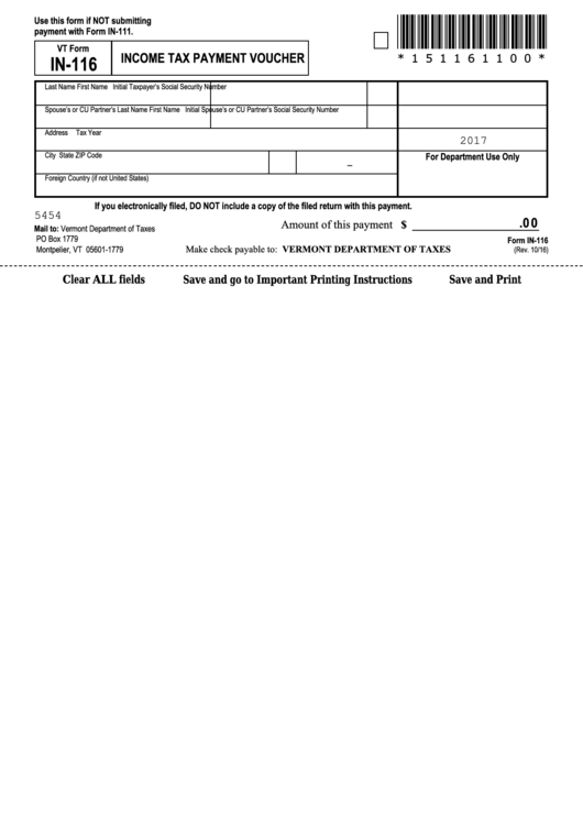 Fillable Vt Form In116 Tax Payment Voucher printable pdf download