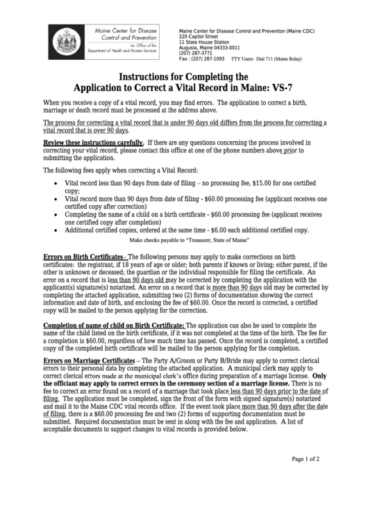 Instructions For Form Vs7 Application To Correct A Vital Record In