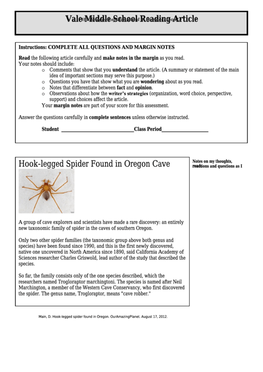 HookLegged Spider Found In Oregon (1200l) Middle School Reading Article Worksheet printable
