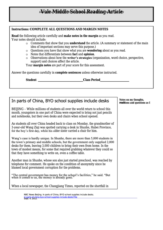 In Parts Of China, Byo School Supplies Include Desks (1150l) Middle School Reading Article
