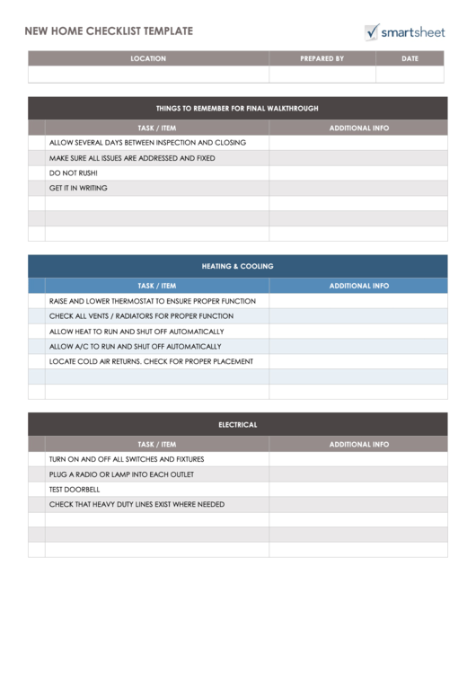 Fillable New Home Checklist Template printable pdf download