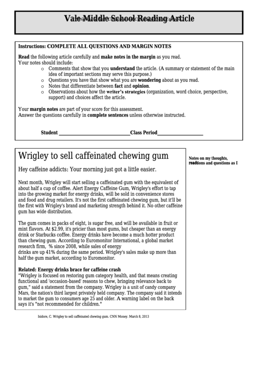 Wrigley To Sell Caffeinated Chewing Gum (1200l) Middle School Reading Article Worksheet