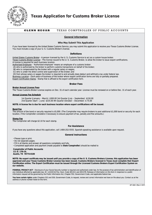 Fillable Form Ap168 Texas Application For Customs Broker License