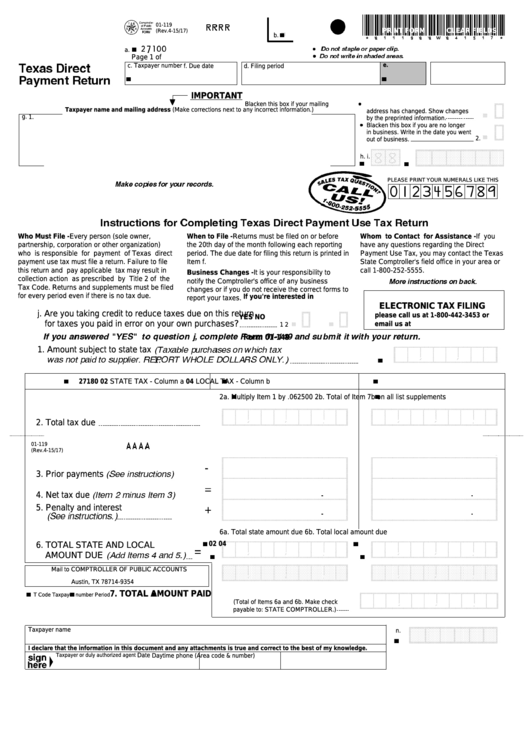 Fillable Form 01119 Texas Direct Payment Return printable pdf download