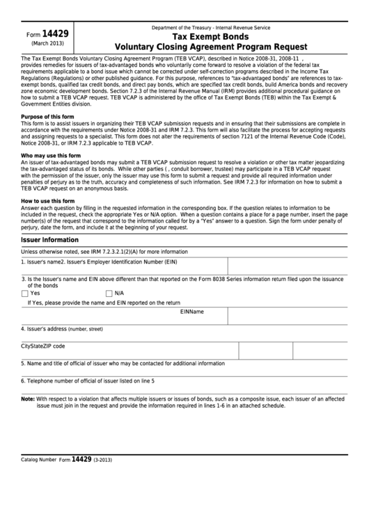 Fillable Form 14429 Tax Exempt Bonds Voluntary Closing Agreement Program Request printable pdf
