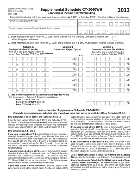 Supplemental Schedule Ct1040wh Connecticut Tax Withholding