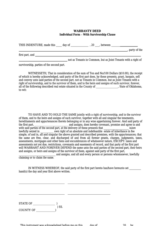 Warranty Deed Individual Form With Survivorship Clause printable pdf