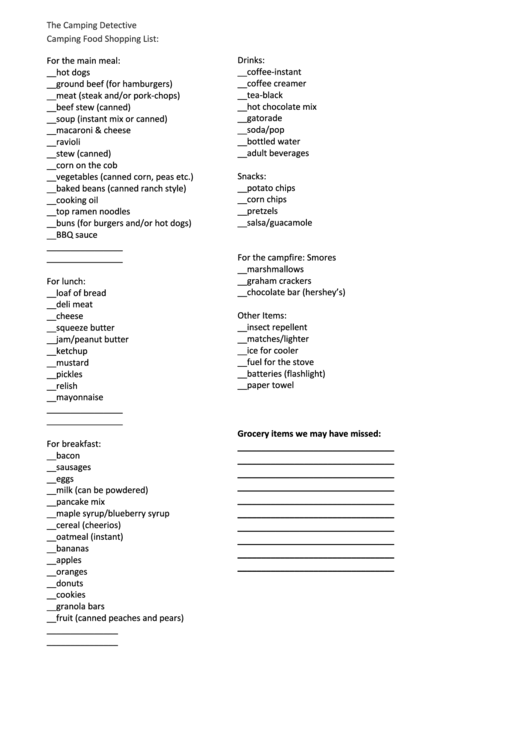 Camping Food Shopping List Template printable pdf download