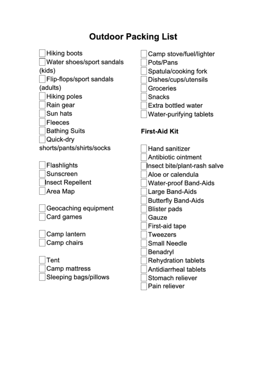 Outdoor Vacation Packing List printable pdf download