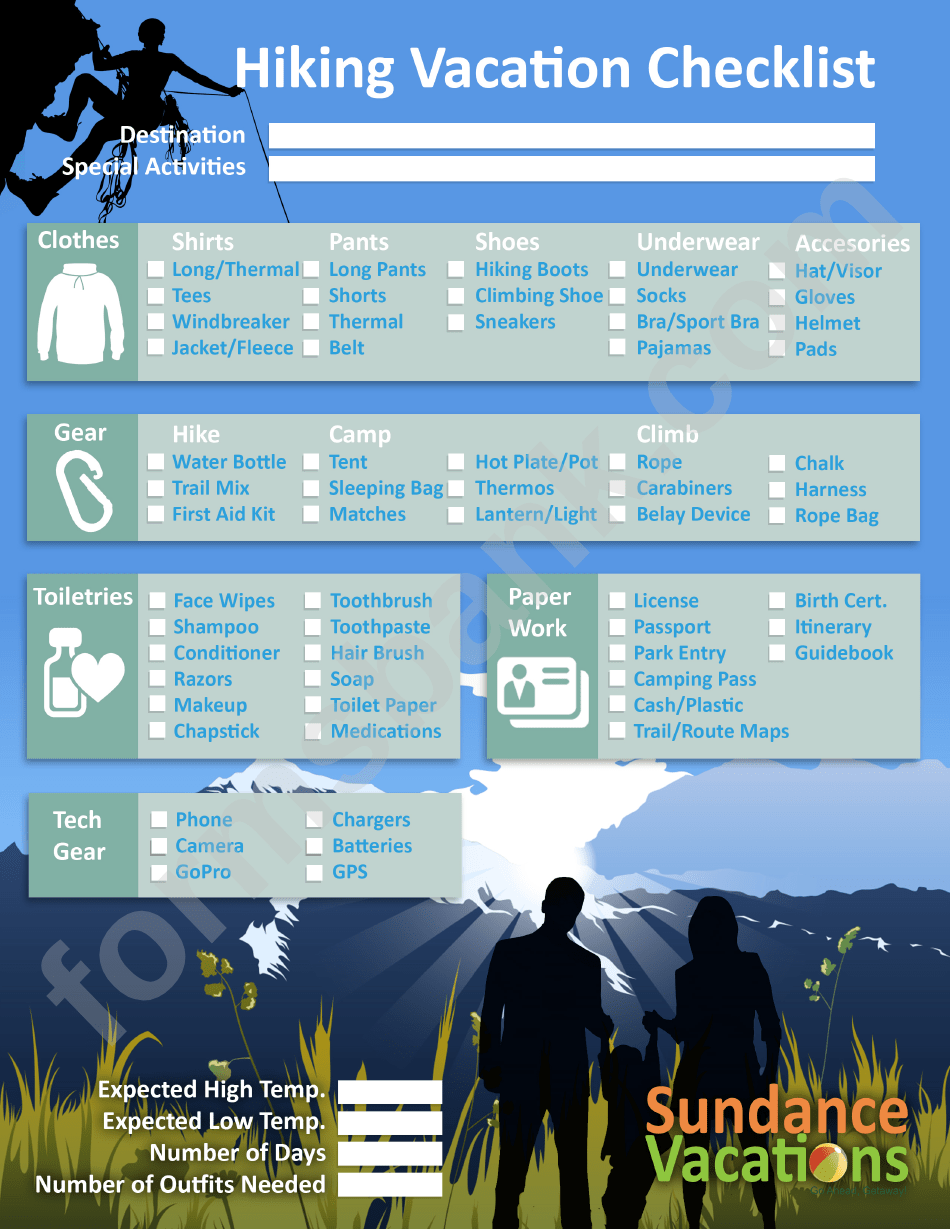 Hiking Vacation Checklist printable pdf download