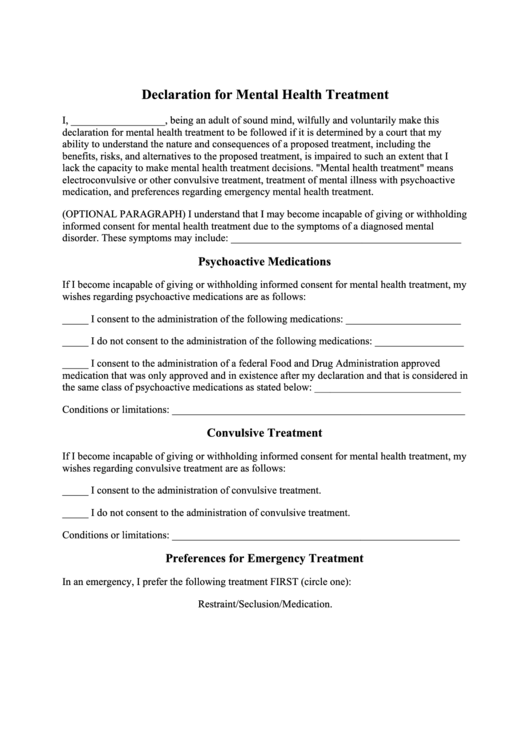 Declaration For Mental Health Treatment printable pdf download