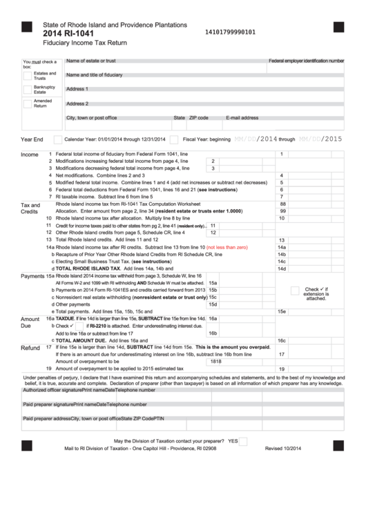 Fillable Form Ri1041 Rhode Island Fiduciary Tax Return 2014