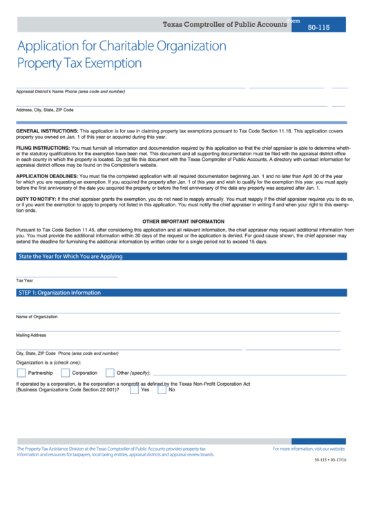 Fillable Form 50115 Application For Charitable Organization Property
