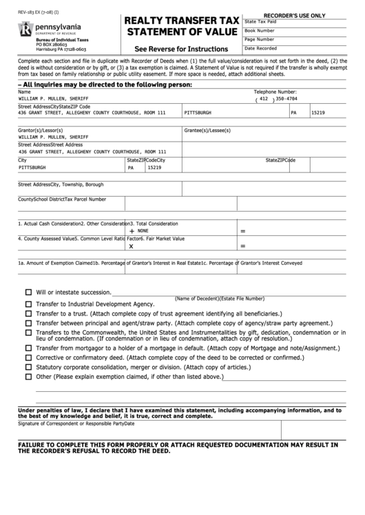 Fillable Form Rev183 Ex Realty Transfer Tax Statement Of Value