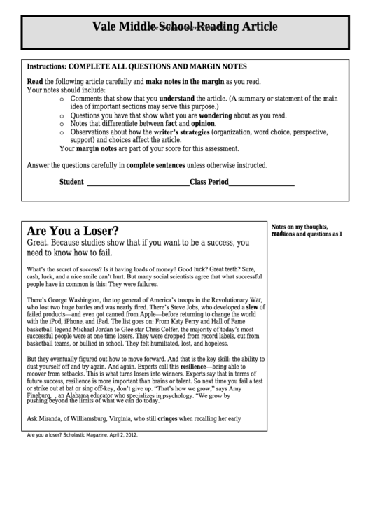 Are You A Loser (700l) Middle School Reading Article Worksheet printable pdf download