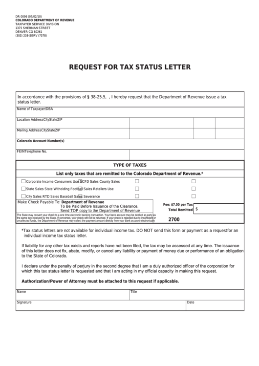 Form Dr 0096 Colorado Request For Tax Status Letter printable pdf