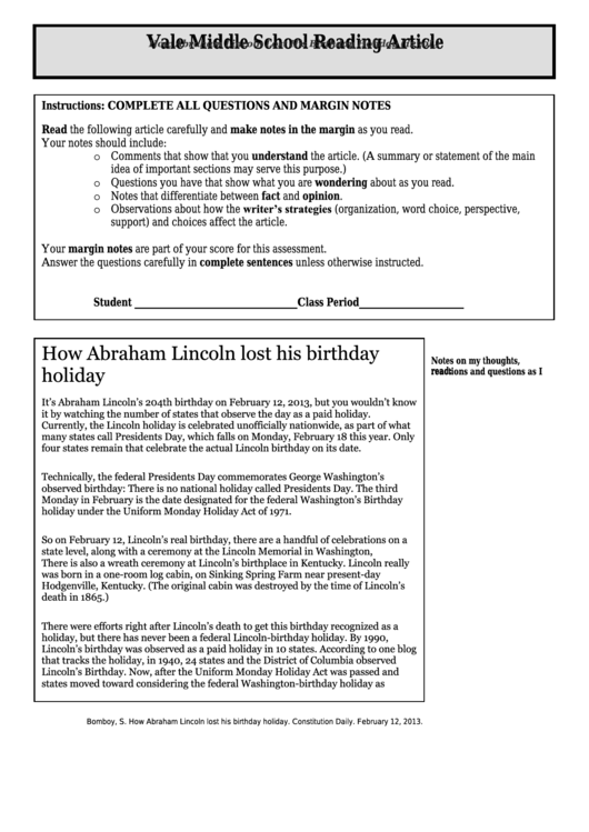 How Abraham Lincoln Lost His Birthday Holiday (1230l) Middle School Reading Article Worksheet