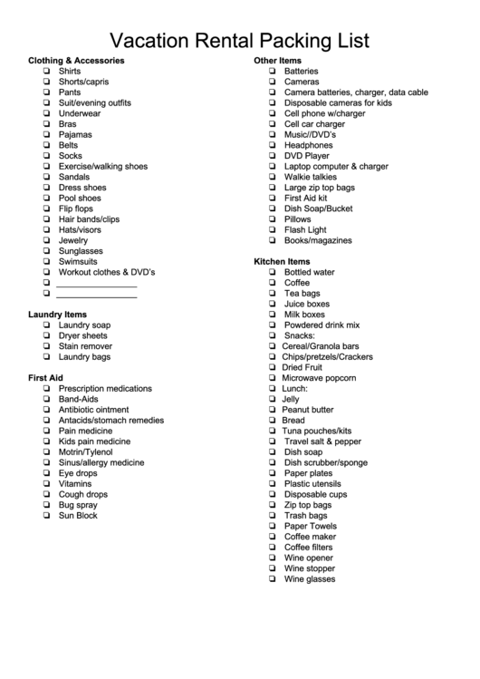 Vacation Rental Packing List printable pdf download