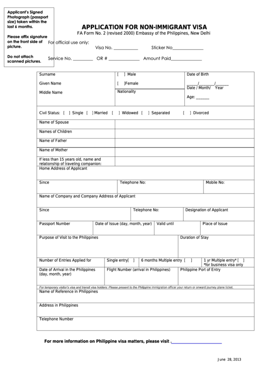 Fa Form 2 Application For NonImmigrant Visa Form printable pdf download
