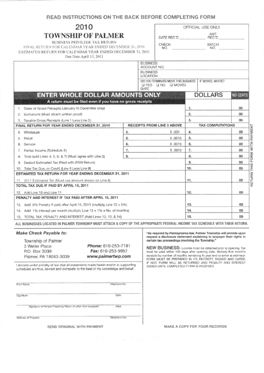 Business Privilege Tax Return Township Of Palmer 2010 printable pdf