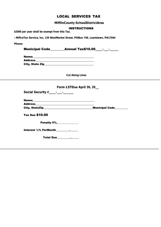 Local Services Tax Form Mifflin County School District Area printable