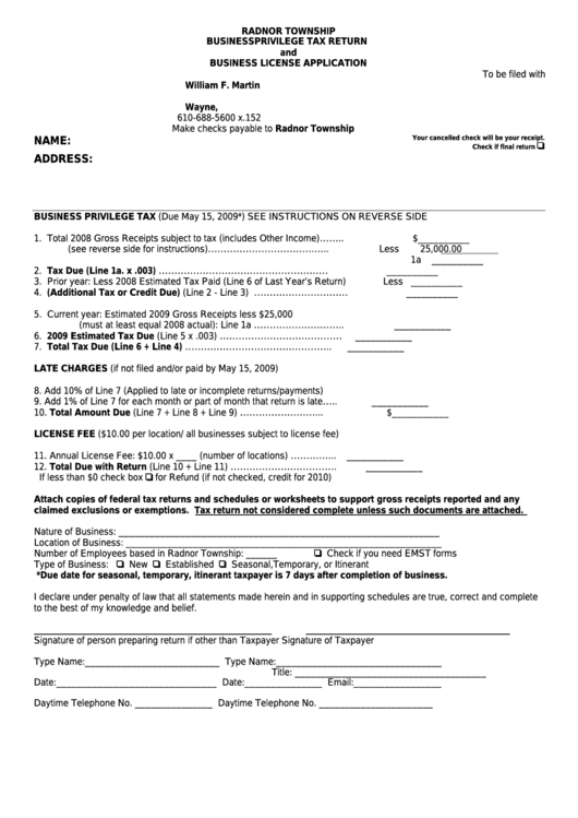 Business Privilege Tax Return And Business License Application Form