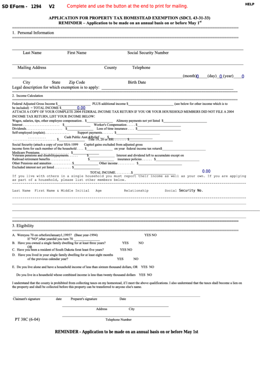 Fillable Form Pt 38c Application For Property Tax Homestead Exemption