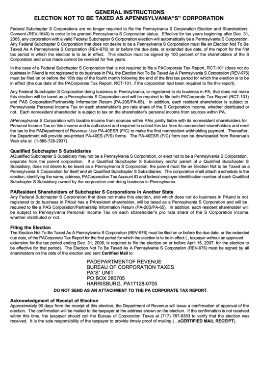 General Instructions Election Not To Be Taxed As A Pennsylvania S