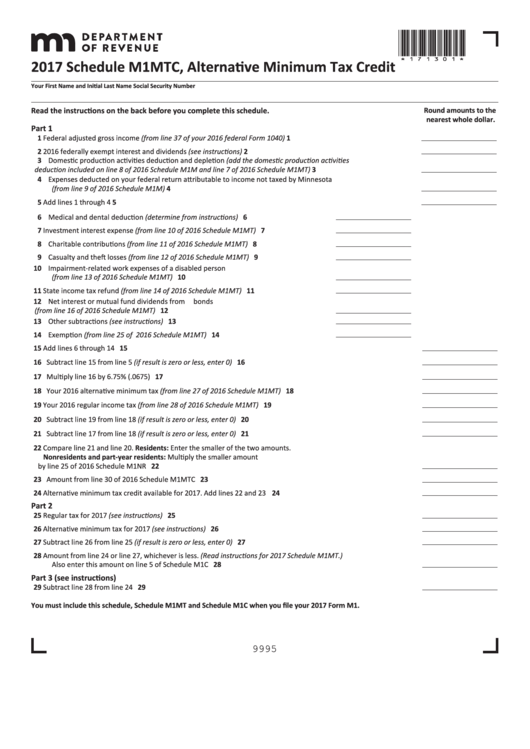 Fillable Schedule M1mtc Alternative Minimum Tax Credit 2017