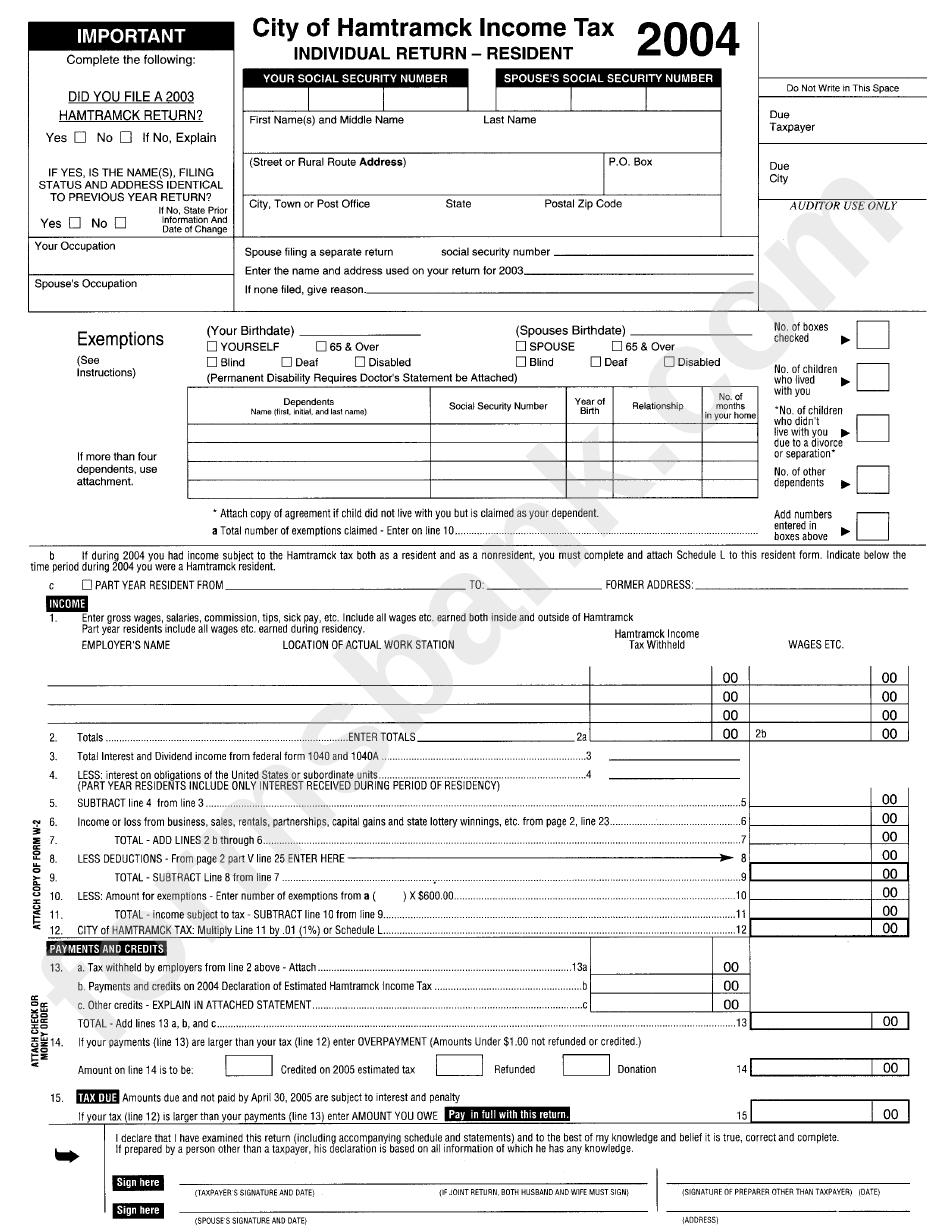 Tax Individual Return For A Resident City Of Hamtramck 2004