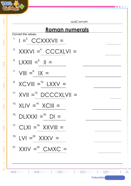 Roman Numerals Worksheet With Answer Key printable pdf download