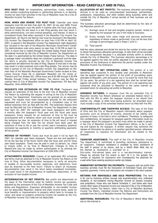 Instructions For City Of Massillon Tax Return printable pdf download