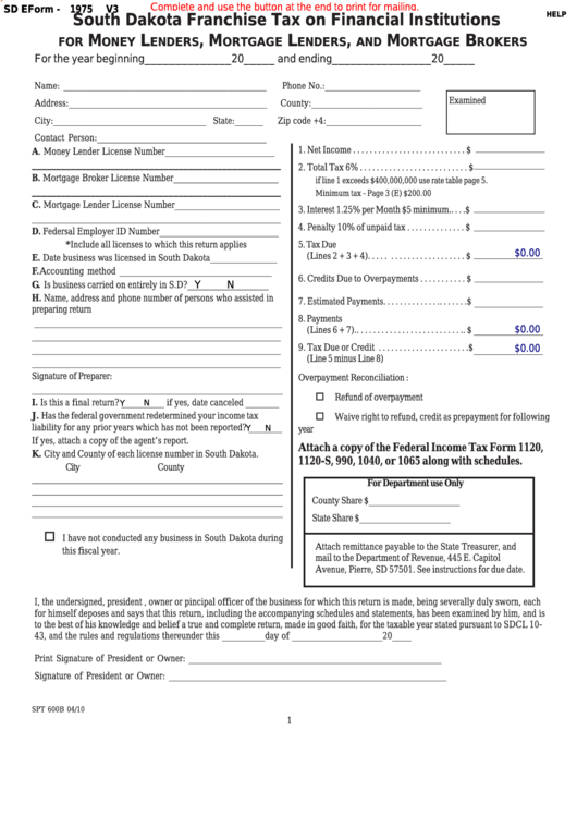 Fillable Form 1975 South Dakota Franchise Tax On Financial