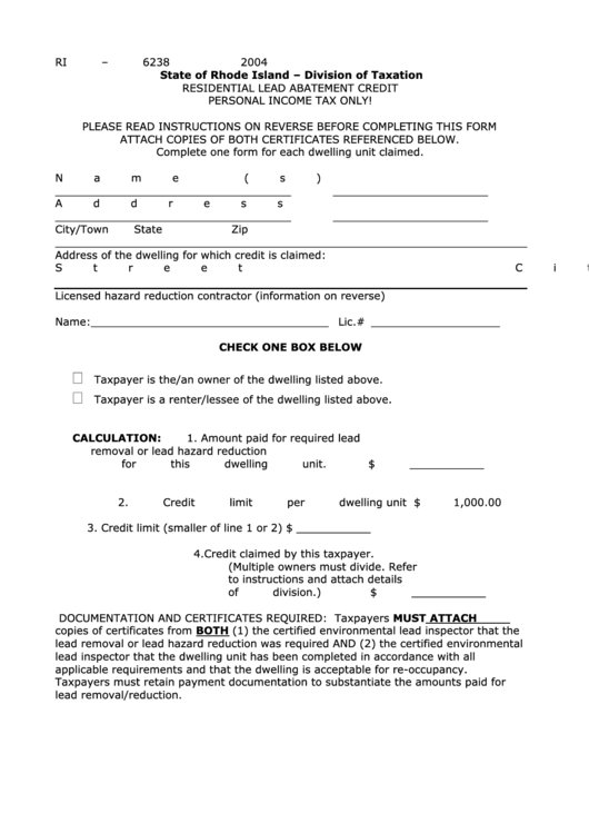 Form Ri6238 Residential Lead Abatement Credit 2004 printable pdf