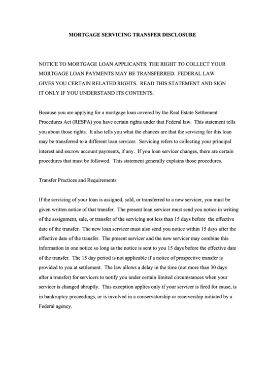 Mortgage Servicing Transfer Disclosure printable pdf download