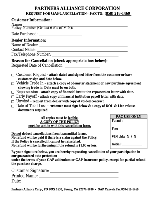 Fillable Request For Gap Cancellation Form printable pdf download
