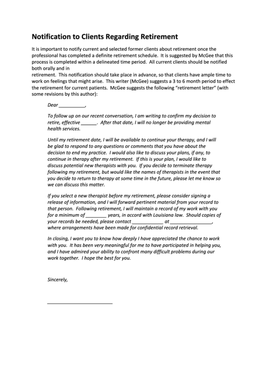 Notification To Clients Regarding Retirement Letter printable pdf download