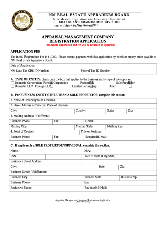Appraisal Management Company Registration Application printable pdf