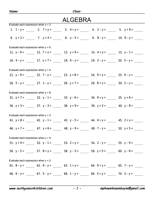 Define Variable Algebra Worksheet With Answer Key printable pdf download