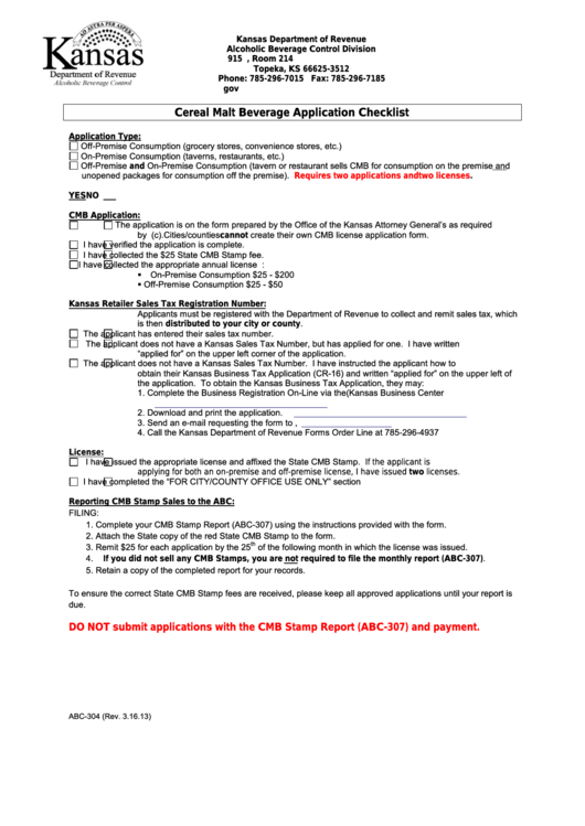 Form Abc304 Cereal Malt Beverage Application Checklist printable pdf
