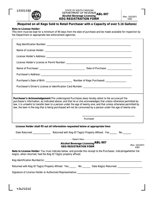 Form Abl907 Alcohol Beverage Licensing Keg Registration Form