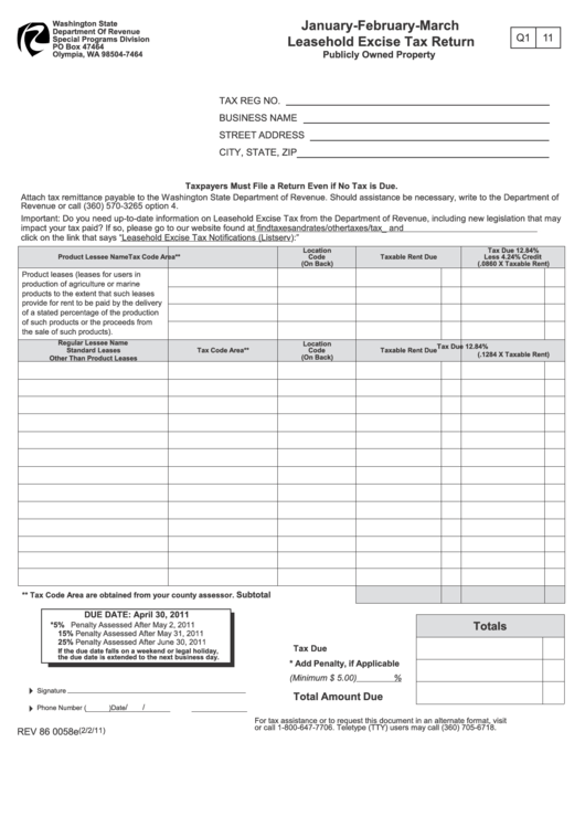 Form Rev 86 Washington JanuaryFebruaryMarch Leasehold Excise Tax