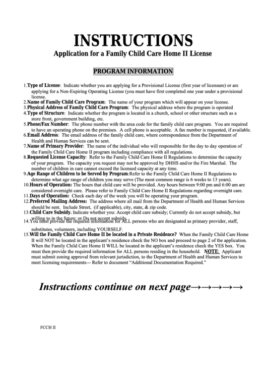 Fillable Application For A Family Child Care Home Ii License printable