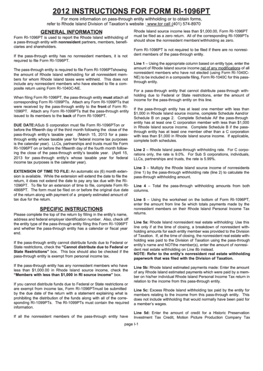 Instructions For Form Ri1096pt Rhode Island Withholding Of A Pass