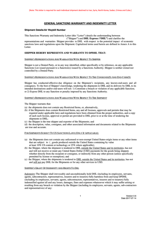 Fillable General Sanctions Warranty And Indemnity Letter Template