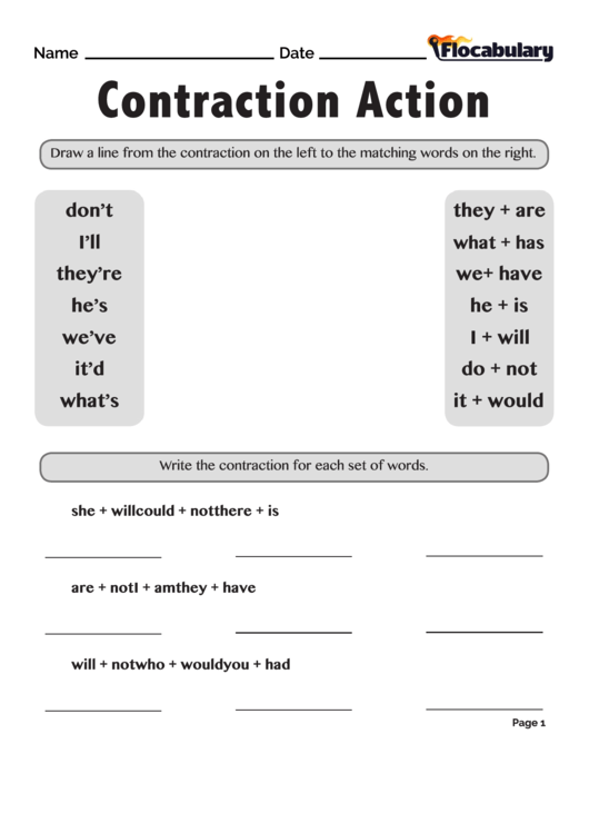 Contraction Action Worksheet printable pdf download