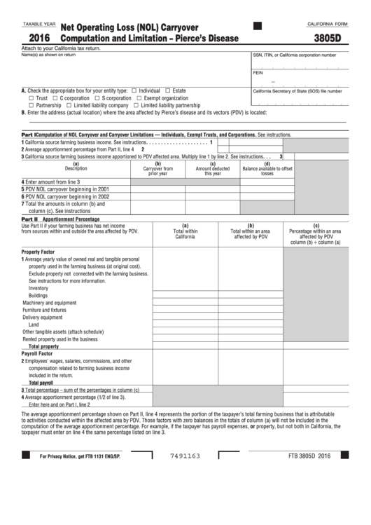 Fillable California Form 3805d Net Operating Loss (Nol) Carryover