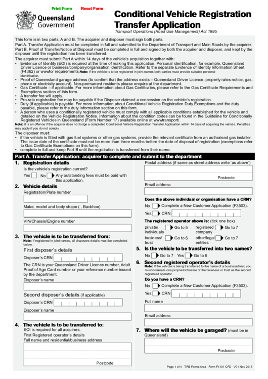 Fillable Form F4101 Cfd Conditional Vehicle Registration Transfer